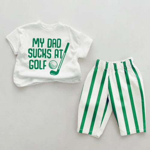 MY DAD SUCKS AT GOLF Baby Green Vertical Striped 2-piece Set