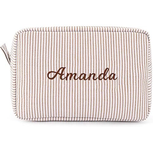 MT WORLD Cosmetic Bag Personalized Makeup Bag for Women Girls Seersucker Preppy Bridesmaid Makeup Bag Cute Aesthetic Toiletry Bag Girls Handbags Purses (Brown)
