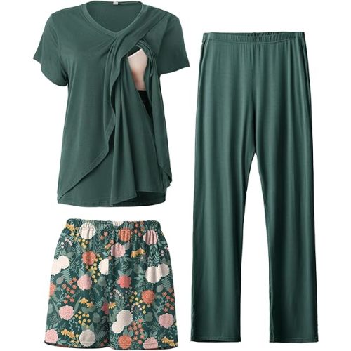 Rnxrbb V Neck Nursing Pajamas Set 3 Pack Postpartum Pjs Breastfeeding Sleepwear for Women Double Layer with Pockets