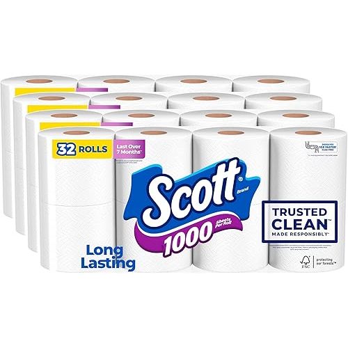 Scott 1000 Toilet Paper, 32 Rolls, Septic-Safe, 1-Ply Toilet Tissue
