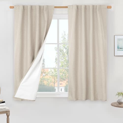 LAMIT Oatmeal Linen 100% Blackout Window Curtains for Bedroom 45 Inch | Linen Textured, Thermal Farmhouse Curtains, Rod Pocket Back Tab, Window Drapes, with White Liner, 2 Panels, 38 x 45 Inch