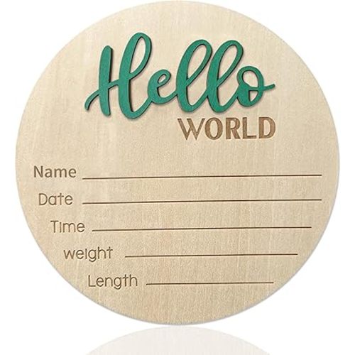 Baby Announcement Sign, 5.9 Inch Wooden Hello World Newborn Sign, Birth Announcement, Baby Shower Hospital Nursery for Newborn Boys and Girls (Green)