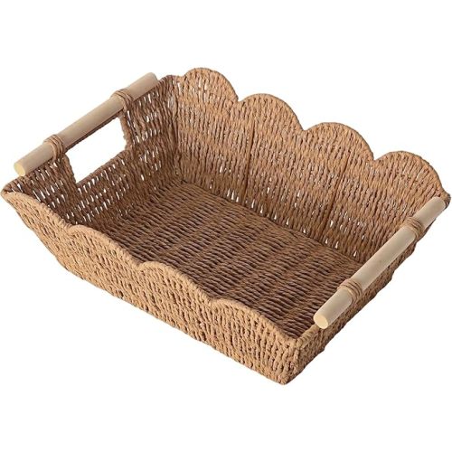 Scalloped Edge Basket with Wooden Handle, Water Hyacinth/Seagrass/Wicker Storage Baskets, Hand Woven Baskets for Shelves,Natural Baskets for Organizing