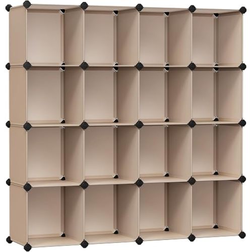 SONGMICS Cube Storage Organizer, Set of 16 Plastic Cubes, Book Shelf, Closet Organizers and Storage, Room Organization, Bedroom Living Room, 12.2 x 48.4 x 48.4 Inches, Camel Brown ULPC442K01