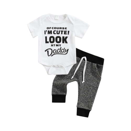 Canrulo 2pcs Newborn Baby Boys Clothes Letter Printing Short Sleeve Romper Tops Pants Set Gray Black 6-12 Months