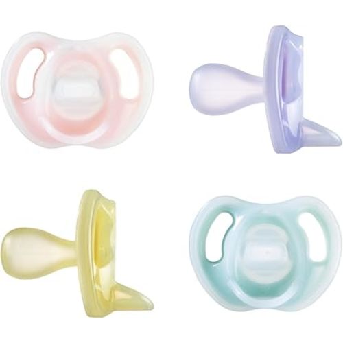 Tommee Tippee Ultra-Light Silicone Pacifier, 0-6 Months, Symmetrical One-Piece Design, BPA-Free Silicone Binkies, Pink/Purple/Green, Pack of 4