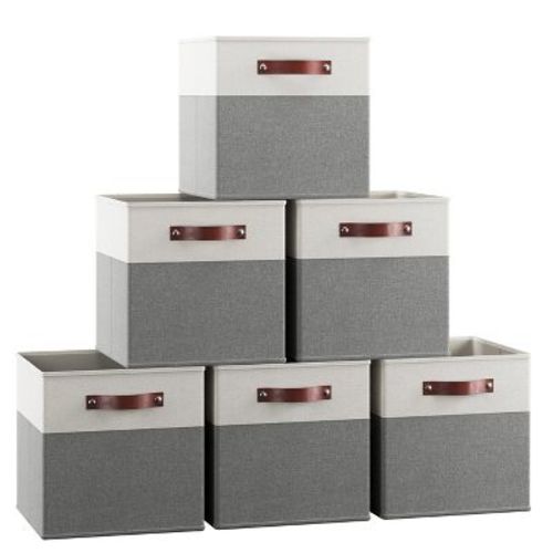 Ornavo Home 6 Pack Linen Fabric Storage Cube Bin with Faux Leather Handles - 13 Inch - White/Gray