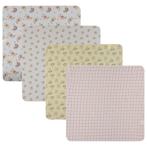 Disney Baby 4-Pack Receiving Blankets — 100% Cotton Flannel, 28" x 28" — Available in Mickey, Minnie, Pooh, Stitch or Angel — Soft Swaddle, Burp & Stroller Blankets — Gift-Ready with Ribbon Bow
