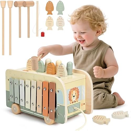 Vanplay Montessori Toys for 1 Year Old - Wooden Hammering Pounding Toys for One Year Old Girls Boy Gifts, 7 in 1 Learning Activities for Baby First Christmas Birthday Gifts for Toddlers 1-3-2-4