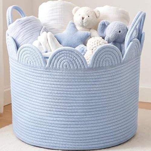 LemonRoad Round Woven Basket Blue, 16" L X 16" W X 14" H