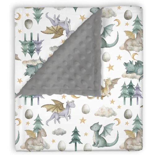 Mink Baby Boy Girl Blankets Watercolor Dragon Tale, Whimsical Dragon Egg Star Cloud Double Layer Dotted Backing Receiving Swaddle, Newborn Infant Toddler Nursery Crib Bedding Shower Gift 30x40