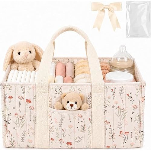 Floral Diaper Caddy Organizer with Gift Bag & Ribbon, Baby Shower Gift Basket, Portable Nursery Storage Bin with Removable Dividers & Handle, Baby Essentials Organizer for New Moms