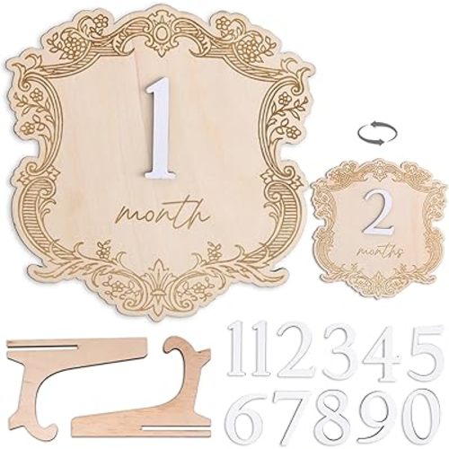 Vintage Wooden Baby Monthly Milestone Set, Elegant Engraved Frame with 3D Numbers and Month Months Signs, Newborn Photo Prop for Baby Monthly Pictures