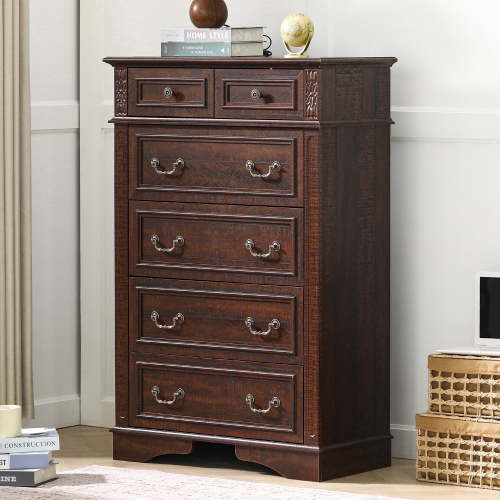 FIAKOA 48” Tall 6 Drawer Dresser for Bedroom, Farmhouse Storage Chest of Drawers for Livingroom, Walnut Brown