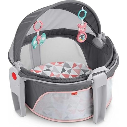 Fisher-Price Portable Bassinet On-The-Go Baby Dome, Travel Play Space with Developmental Newborn Toys & Canopy, Rosy Windmill