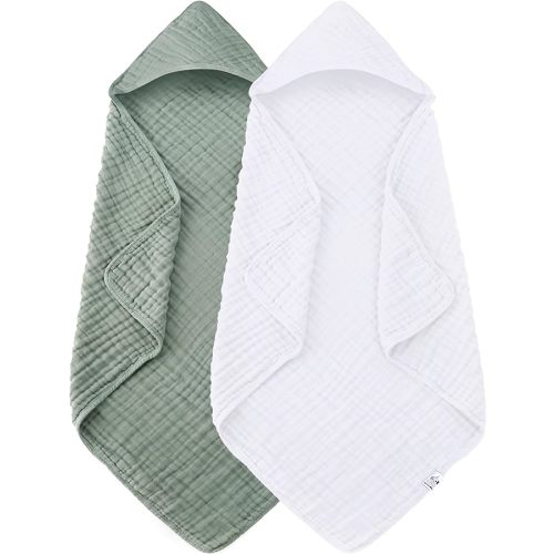 2 Pack Hooded Baby Towels - 100% Muslin Cotton for Newborns, Infants, Toddlers - Large 32x32Inch Size - Highly Absorbent and Essential for Newborn Care, White and Green