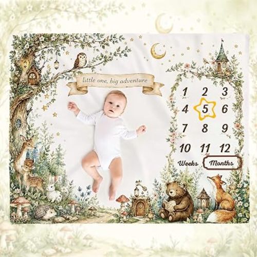 Woodland Baby Monthly Milestone Blanket, Forest Animal Monthly Growth Photography Backdrop, Little One Big Adventure Newborn Photo Prop, Milestone Blanket for Boy Girl Baby Shower 50x40 Inch