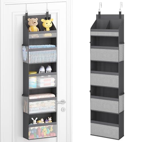 Lifewit 5 Tier Over the Door Diaper Organizer for Nursery, Large Heavy Duty Hanging Storage with 4 Mesh Side Pockets, Sturdy Back of Door Shelf for Baby Stuff Toy in Pantry, Laundry, Bathroom, Gray