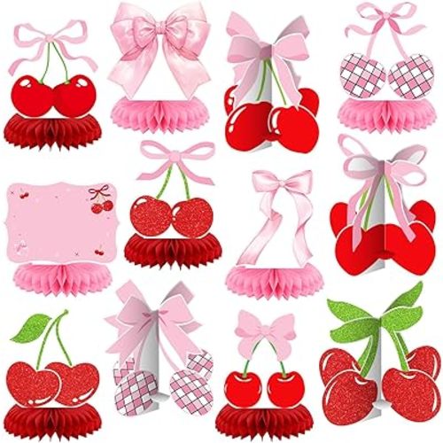 12 Pcs Cherry Birthday Party Decoration She's the Cherry on Top Honeycomb Centerpiece 3D Red Pink Bow Table Decoration Table Topper for Women Bachelor Baby Shower Party Supplies