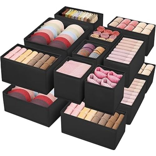 Drawer Clothes Organizer 16-Pack, Black 3 Sizes Underwear Drawer Dividers, Fabric Folding Wardrobe Organizer, Can Store Baby Clothes, Bras, Underwear, Panties, Belts, Socks, Ties, etc.