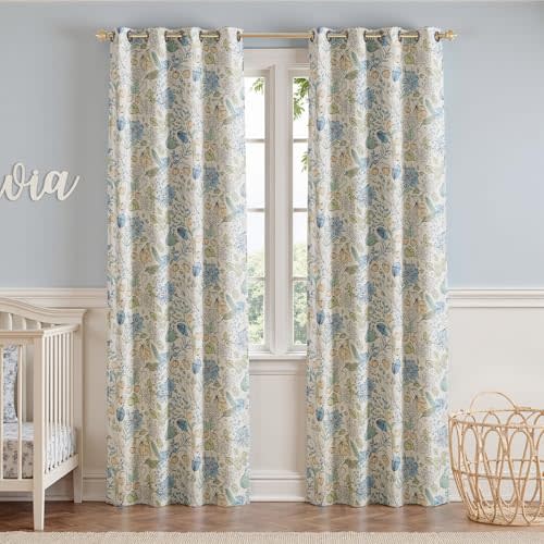 jinchan Nursery Curtains 95% Blackout Blue Floral Curtains for Kids Room, 84 Inch Length Farmhouse Drapes for Bedroom Living Room Darkening Window Treatment Grommet Top Set of 2 Panels