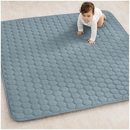 Comfy Cubs Square Kids Play Mat - 56 x 56 inches Soft Quilted Baby Floor Mat with Non-Slip Bottom - Plush Design for Toddlers' Playtime - Comfortable and Durable - Pacific Blue