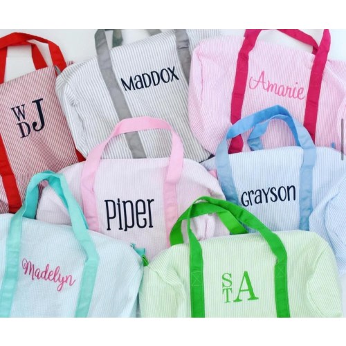 Monongrammed Personalized Seersucker Duffle Barrel Bag, Preppy Children&#39;s Travel Bag, Ballet, Sports, Sleepovers, Daycare, Weekend Overnight