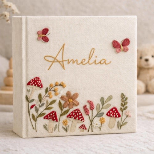 Personalized Embroidered Baby Photo Album with Name, Woodland Mushroom Baby Memory Book, Handmade Floral Baby Keepsake Album Gift