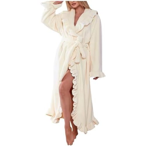 Oplxuo Fuzzy Robe for Women Cute Ruffle Plush Soft Long Sleeve Robes Fluffy Warm Fleece Long Bathrobe with Pockets
