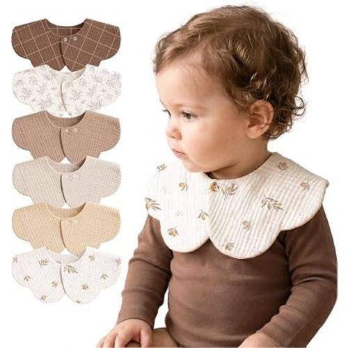 Muslin Baby Bibs, 6 Pack 100% Cotton Absorbent 360 ° Rotate Flower-Shaped Bandana Drool Bibs for Baby Girls & Boys (Olive)