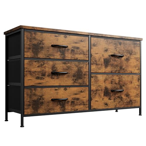 Nicehill Dresser for Bedroom with 5 Drawers, Storage Drawer Organizer, Wide Chest of Drawers for Closet, Clothes, Kids, TV Stand with Storage Drawers, Wood Board, Fabric Drawers (Rustic Brown)