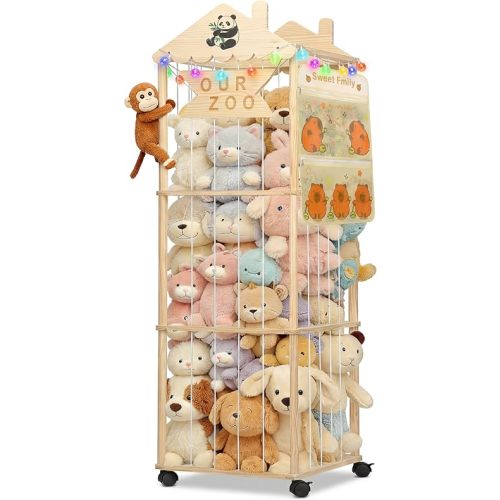 Stuffed Animal Storage, Extra Large Stuffed Animal Organizer with Wheels, Wooden Tall Animal Zoo Display Tower, Plushies Toy Holder with Lights and Pockets for Nursery, Playroom, Bedroom
