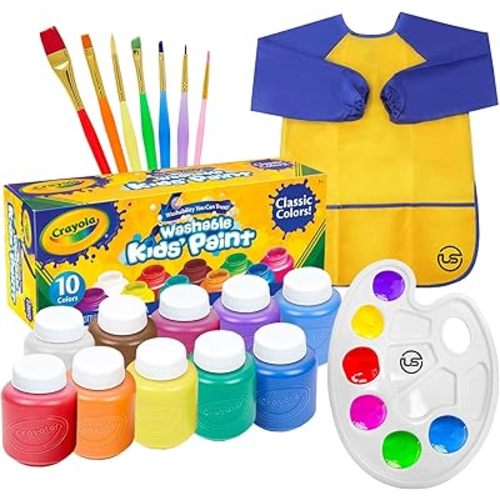 Kids Painting Set, Washable Paint for Kids 10 Colors, 7 Paintbrushes, Paint Palette, Painting Smock, Non Toxic Tempera Paints 2 oz Each,Paints for Toddlers Gifting bundle Art, Crafts