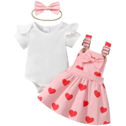 Baby Girl Summer Outfit Ribbed Bodysuit Floral Suspender Dress Set