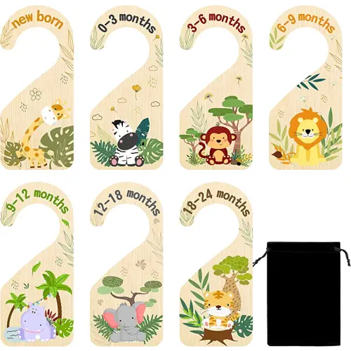 R HORSE 8Pcs Safari Baby Closet Dividers, Double Sided Nursery Hanger Dividers Wood Baby Closet Size Organizers for Boy Girl Birthday Christmas Gift (0-24 Months)