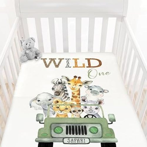 HawSkgFub Wild One Safari Animals Truck Fitted Standard Crib Sheet for Baby Boy Girl, Neutral African Jungle Animal Toddler Mattress Cover, Soft Stretchy Nursery Bed Sheets Decor Kids Gift 52 x 28