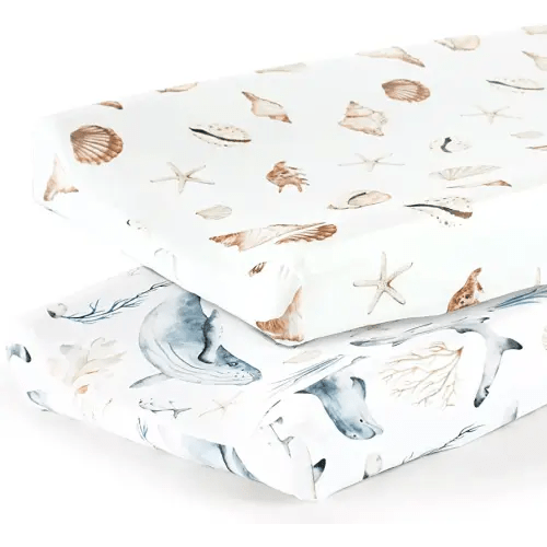 GRSSDER Stretch Ultra Soft Jersey Knit Changing Pad Cover Set 2 Pack,Change Table Pad Covers Fit 32"/34" x 16" Pads Safe and Snug,Stylish Cute Whale Sea Worl for Baby