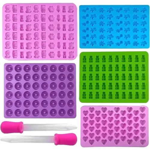 7 Pcs Candy Silicone Moulds Set Candy Gummy Molds Jelly Trays Mold Set Reusable Candy Baking Mold with 2 Dropper