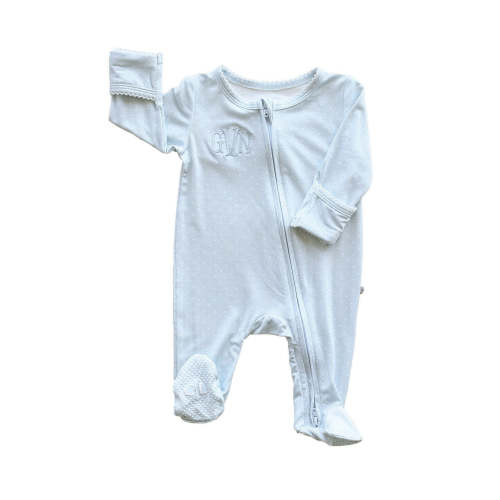 Picot Trim Bamboo Zipper Footie in Baby Blue | Caden Lane
