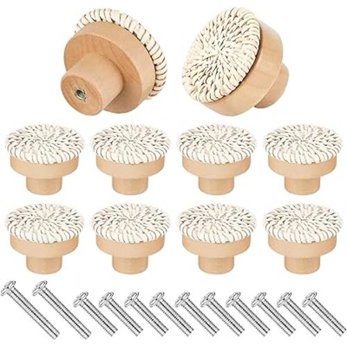 10pcs Boho Rattan Cabinet Knobs Natural Wood Drawer Pulls Handles with 10 Screws for Dresser Handmade Kitchen Furniture Nursery Home DIY Cupboard Wardrobe White