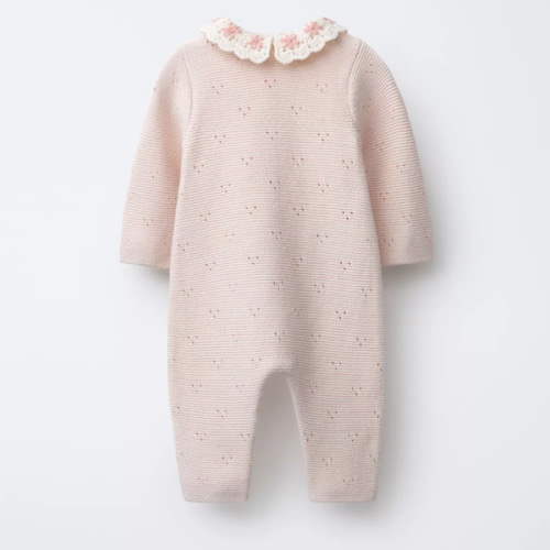 KNIT JUMPSUIT WITH CROCHET COLLAR AND EMBROIDERED FLOWERS - Beige-pink | ZARA United States