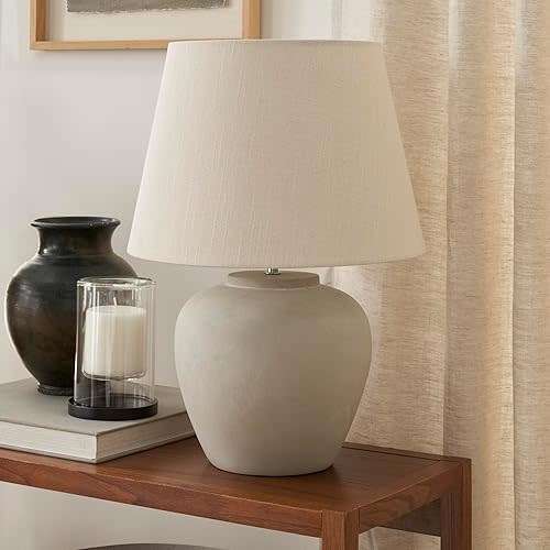 Nourison Home 20" Sand (Light Beige) Ceramic Pot Table Lamp for Bedroom, Living Room, Console, Entryway