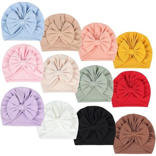 QandSweet 12 Pack Baby Girls' Hats Linen Cotton Cap Infant Big Bow Hat Newborn Shower 0-24 Months