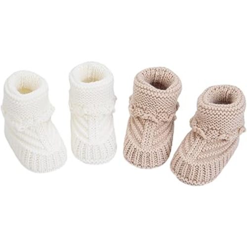 Baby Booties, Newborn Walking Shoes, Infant Hand Crochet Knit Cotton Sock Booties, Soft Cozy Socks Slippers, Indoor House Shoes for Baby, 2 Pairs