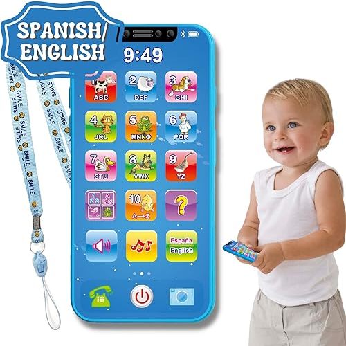 ZeenKind Baby Phone Toy English & Spanish Learning for Toddlers 1 2 3 Years Old, Learn Spanish ABC Numbers Animal Sounds, Interactive Bilingual Cellphone Toy for Kids, Juguetes Educativos, Blue