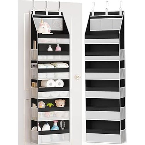 Criusia Over the Door Organizer, Heavy-Duty 6-Shelf Hanging Storage with 13 Mesh Pockets, 55lbs Capacity Behind the Door Storage for Nursery, Bathroom, Bedroom, and Dorm, Black