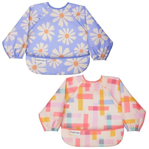 Tiny Twinkle Long Sleeve Bib for Babies&Toddlers|2-Pack Waterproof Smock Bib for Eating|Machine Washable&Mess-Proof Feeding Essentials|Newborn Shower Gift(Daisies,Playful,6-24M)