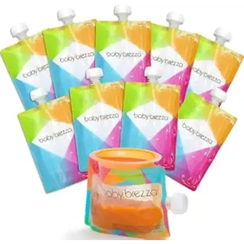 Baby Brezza Reusable Baby Food Storage Pouches, 10 Pack 7oz - Make Organic Food Puree for Kids or Toddlers and Store in Refillable Squeeze Pouches, Bulk Set is Freezer Safe & Washable