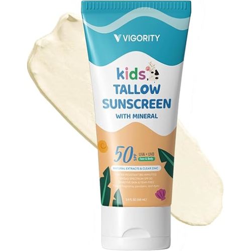 Beef Tallow Sunscreen for Kids with Zinc Oxide: Natural Non-Toxic SPF 50 Tallow Sunblock Cream - with Food-Grade Botanical Extracts - Kids & Sensitive Skin Safe, Water-Resistant - 3.4 FL OZ