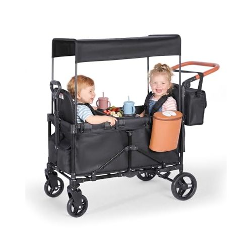 2-in-1 Wagon Stroller for Two Kids – Foldable Push & Pull All‑Terrain Wagon with Canopy, 5‑Point Harnesses, 2-in-1 Storage Bag (Converts to Shoulder Bag), Lightweight, Compact – Black